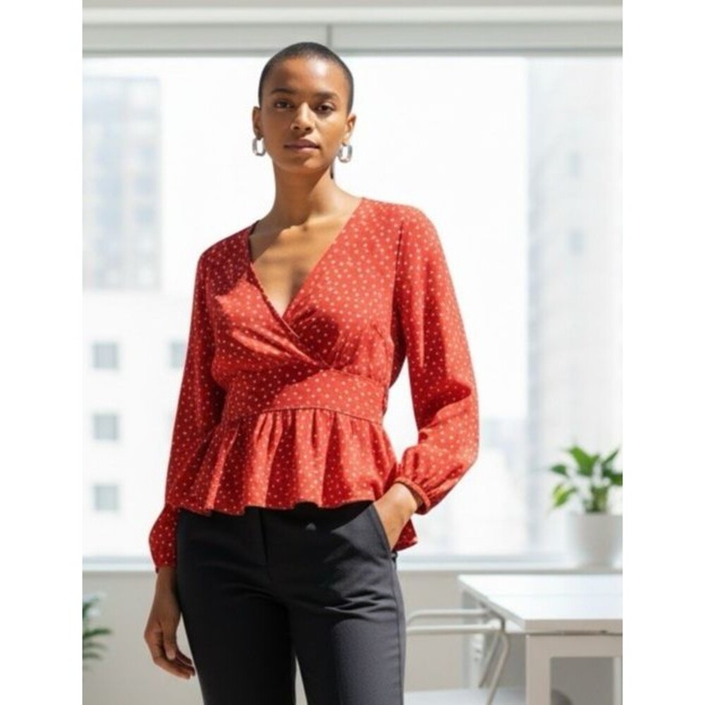 Boden NEW! womens long sleeve polka dot v-neck balloon sleeve blouse US 10R
